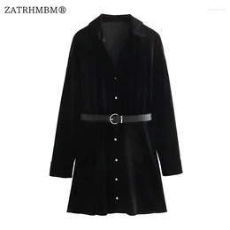 Casual Dresses ZATRHMBM Women 2024 Autumn Fashion With Belt Velvet Mini Dress Vintage Long Sleeve Black Female Vestidos Mujer