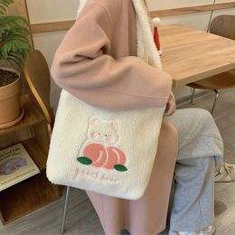 Bags Women Plush Shoulder Bag Embroidery Warm Cloth Handbag Soft Canvas Tote Large Shopping Bag Cute Cartoon Bear Book Bags For Girls