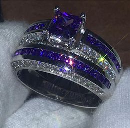 2018 Couple Anniversary ring Set 10KT White Gold Filled Engagement wedding band rings for women Purple 5A zircon Jewellery Gift7707125