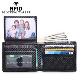 Wallets DIENQI Rfid Carbon Fiber Leather Men Wallets Small Wrist Purses Money Bag Black Clutch Slim Thin Mini Bifold Wallet Pocket Walet