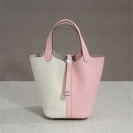 Tote bag genuine leather Colour matching leather vegetable basket bag spring and summer top layer cowhide bucket bag leisure Womens bag fashion fashion