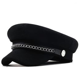 utumn Winter Chain Black Military Berets for Women Female Flat Army Cap Salior Hat Girl Travel Berets Ladies Painters Cap 240323