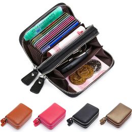 Holders Double Zipper Credit Card Holder Wallet Genuine Leather RFID Womens and Mens Clutch Purse Key Small Change Card Bag