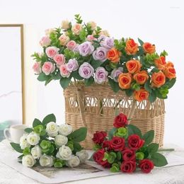 Decorative Flowers Artificial Mini Rose And Eucalyptus Flower Bouquets 1 Bunch Fake Summer Outdoor With Boxwood Leaves Stems Greenery Decor