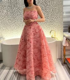 Party Dresses Formal Pink A-Line Evening 3D Flowers Spaghetti Strap Prom Gowns Saudi Arabric Long Women