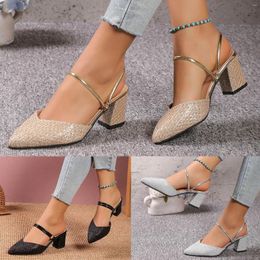 Slippers Ladies Simple Solid Colour Fine Flash Pointed Middle Heel Thick Two Wear Large Size Sandals Clog For Women Leather