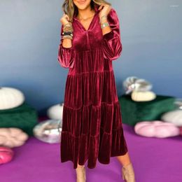 Casual Dresses Short-sleeve Velvet Dress Patchwork A-line Midi With Long Sleeve V Neck For Women Soft Warm Solid Color Mid-calf