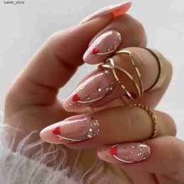 False Nails 24pcs Nude Pink Almond Fake Nails with Heart Sequin Design False Nail for Girl Women Gift Wearable Full Cover Press on Nail Tips Y240419 Y240419