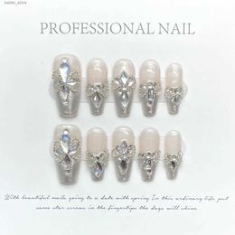 False Nails 10pcs Fairy aurora powder artifiicial nails white drill Handmade press on nails long coffin Flashing Diamonds false nails tips Y240419ZQLI