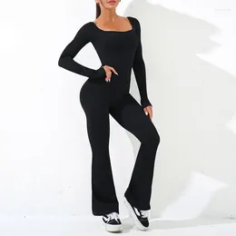 Active Sets Sexy Flared Pants Shapewear Pilates Fitness Set Gym Workout Clothes Dance Long Sleeve Bodysuits One Piece Sports Yoga Jumpsuits