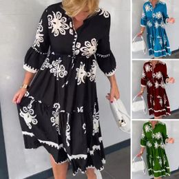 Casual Dresses Bohemian Dress Elegant Contrast Colour Print Pleated Patchwork With Stand Collar Three Quarter Sleeves Knee For Women
