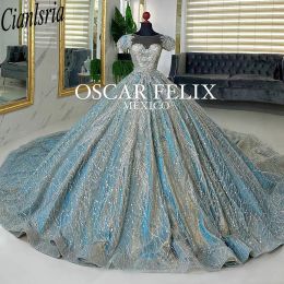 Light Blue Off The Shoulder Ball Gown Quinceanera Dresses Luxury Glitter Beading Sequined Corset Vestidos De XV Anos