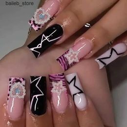 False Nails 24pcs French Ballet Fake Nails Black and White Star Pearl Heart Design Press on nail Detachable Wearable Artificial False Nails Y240419 Y240419