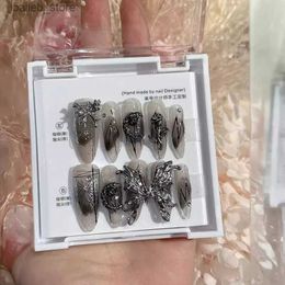 False Nails 10Pcs Handmade Long Almond Press on Nails With 3D Dark Silver Butterfly Moon Design Detachable False Nails Full Cover Nail Tips Y240419