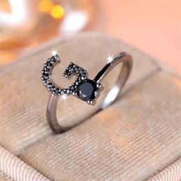 Wedding Rings Minimalist Stacking Black Zircon Letter For Women Gold Color Initial Alphabet Index Finger Ring Bands Gifts