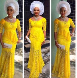 Nigerian Yellow Full Lace Scoop Mermaid Prom Dresses Sexy Half Sleeve With Peplum Floor Length Long Formal Party Evening Gowns Cus2476864