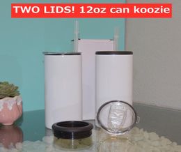 TWO LIDS12oz Skinny Straight Koozie Beverage cooler tumbler white blank Can koozies stainless steel cola vacuum bottle for canned3704247
