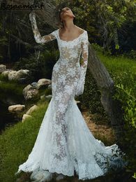 Bohemian Illusion Off The Shoulder Mermaid Wedding Dresses Scoop Floral Appliques Lace Bridal Gowns