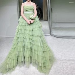 Party Dresses Xijun Green Tiered Ruffles Tulle Evening Korea Women Sleeveless Pleat Ruched A Line Princess Prom Gowns Formal Gown