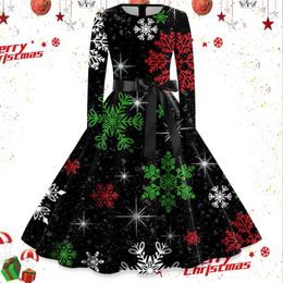 Casual Dresses Xmas Women Party Vintage Snowflake Print Sundress Long Sleeve Tunic Dress Festival A-Line Sundresses Robe De Noel Femmes