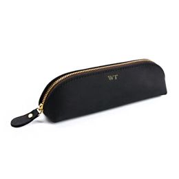 Cases Monogrammed Genuine Leather Zipper Pen Case Pencil Bag Large Capacity Leather Handmade Creative School Stationary