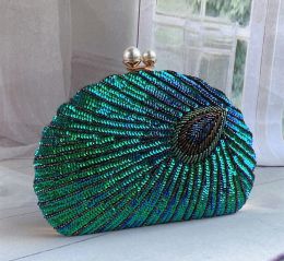 Shell Vintage Fashion Handmade Sequin Beading Peacock Evening Bags For Women Wedding Party Handbags Clutches Shoulder Crossbody Bag