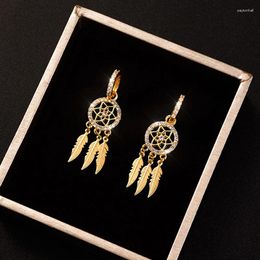 Dangle Earrings Trendy Exquisite 14k Real Gold Feather Drop For Women High Quality Jewellery Bling Zircon Ear Buckle Party Fine Gift