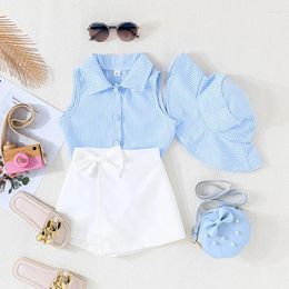 Clothing Sets Kids Girl Summer Stripe Turn-Down Collar Shirts Sleeveless Tank Tops Bowknot Shorts Sun Hat 3Pcs Children Clothes Set