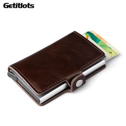 Wallets Genuine Cow Leather Men Credit Card Holder Automatic Aluminum Mini Card Wallet With Back Pocket ID Card RFID Blocking Purse Hot