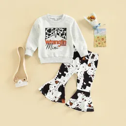 Clothing Sets Autumn Toddler Kids Girl 2Pcs Fashion Letter Print Long Sleeve Round Neck Pullover Tops Cow Spot Flare Trousers