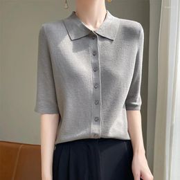 Women's T Shirts Summer Worsted Wool Knitted Cardigan Short Sleeve Casual Lapel Ladies Tops Fitted Blouse Pullover Tees