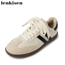 Casual Shoes Lenkisen Cow Split Leather Round Toe Low Heels Sporty Chic Leisure Cross-tied Mixed Colours Fashion Ins Flat Platform