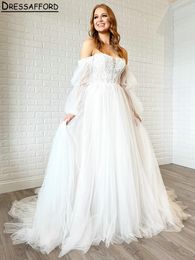 Newest Floral Appliques Lace A-Line Wedding Dresses Off The Shoulder Long Sleeve Bridal Gowns