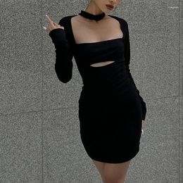 Casual Dresses 2024 O-Neck Halter Pullover Sexy Dress Long Sleeves Hollow Out Bodycon Mini Women Party Club Bandage Black Vestido