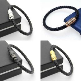 French Elegant Men's Black Leather Bracelet with Magnetic Clasp and Six Star Emblem - Ideal Christmas Gift