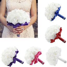 Wedding Bouquet Crystal Pearl Silk Roses Bridal Bridesmaid Hand Artificial Fake Flowers 240407