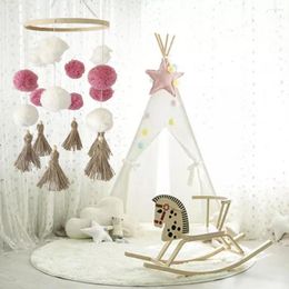 Decorative Figurines Rotating Baby Crib Rattles Wood Bed Pendant Nordic Pompon Hanging Decor Lovely Children Toys Home For Kids Room