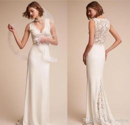 2019 Exquisite Illusion Lace Appliqued Wedding Dress Modern Beach Sheath V Neck Long Bridal Gown Custom Made Plus Size9203743