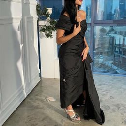 Party Dresses Elegant Long One Shoulder Pleated Evening Sheath Black Muslim Taffeta Ankle Length Prom Formal Dress For Women