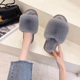 Slippers 2024 Fashion Winter Flat Bottom Women Slipper Exposed Toe Household Warmth One Word Plush Cotton Leisure Female Shoe