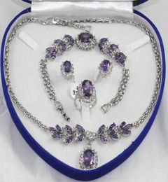 whole pretty Purple crystal Silver Necklace Bracelet Earrings Ring Gemstone Jewellery Sets9266478