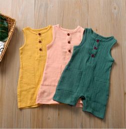 Kids Designer Clothes Baby Big Pocket Rompers Infant Button Cotton Jumpsuits Child Summer Solid Round Collar Bodysuit Newborn Ones6049849