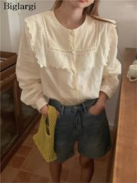 Women's Blouses Spring Summer Shirts Tops Women Collar Patchwork Fashion Sweet Ladies Long Sleeve Korean Style Loose Pleated Woman Shirt