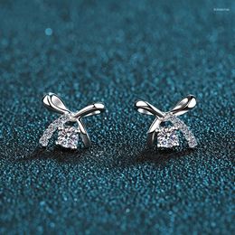 Stud Earrings 925 Sterling Silver 3.0MM Round Moissanite Diamond Bowknot For Woman Party Birthday Gift Fine Jewellery