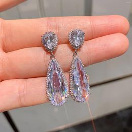 Dangle Earrings Genuine Real Jewels Net Red Wind Water Drop White Diamond Large Super Flash Zircon Temperament Female