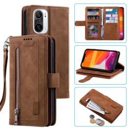 Wallets 9 Cards Wallet Case for Redmi K40 / K40 Pro/for Xiaomi Mi 11i/poco F3 Phone Case Card Slot Zipper Flip Folio with Wrist Strap