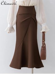 Skirts Brown Fishtail Skirt Korean Style Fashion Pleated High Waist Slim Fitting Temperament Commute Mid-Length Sheath For Women