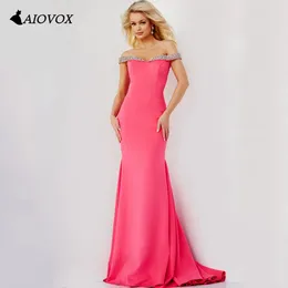 Party Dresses AIOVOX Off The Shoulder Crystal Evening Dress Sexy Sheer Neck Mermaid Sheath Vestidos De Gala Elegant Sweep Train Prom