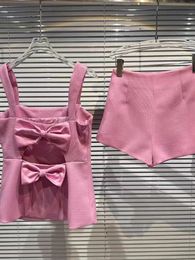 High Quality Y2K Holiday Beach Two Piece Sets Women Sweet Bowknot Diamond Buttons Small Fragrance Tops Waist Shorts Set 240412