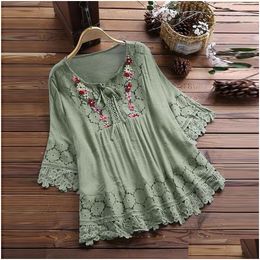 Womens Plus Size Hoodies Sweatshirts 2022 Lace Cloghet Blouse Elegant Embroidery Tops Hollow Up Shirts Cott Linen Blusas Chemise 5Xl 7 Dhnfj